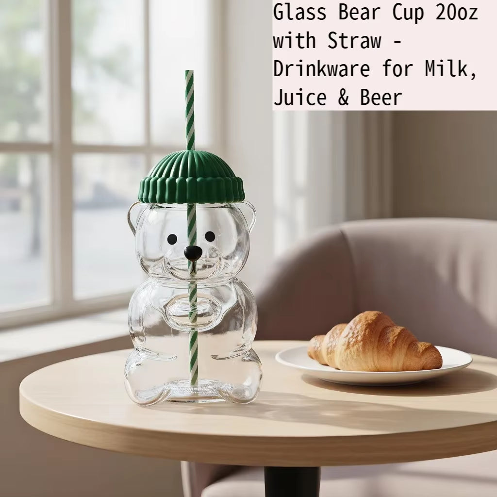 Bear Straw Cup, Cute Straw Cups Glass, Honey Bear Cup with Straws, Cute Mugs for Coffee Drinks 20Oz